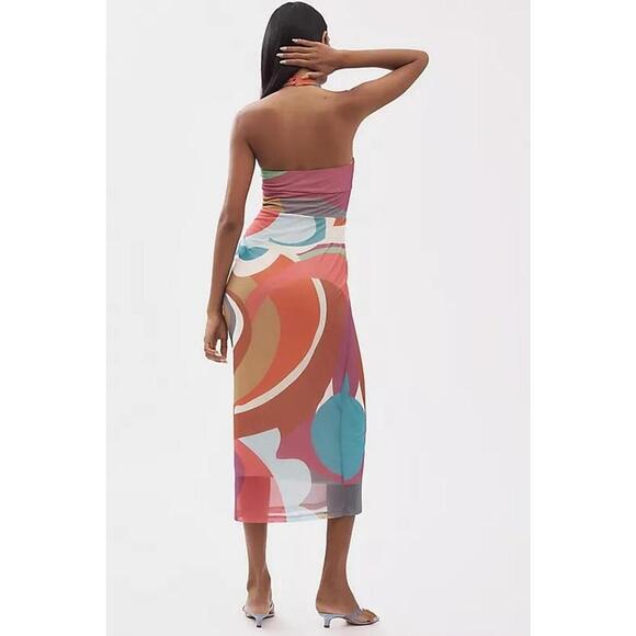 Anthropologie Square Neck Halter Midi Bodycon Dress Sleeveless Size L Pink - Picture 3 of 5